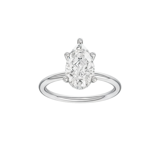 A front view of the Pear cut diamond engagement ring in 14k white gold with a plain band and solitaire setting