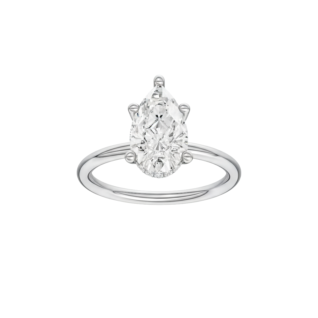 A front view of the Pear cut diamond engagement ring in platinum with a plain band and solitaire setting