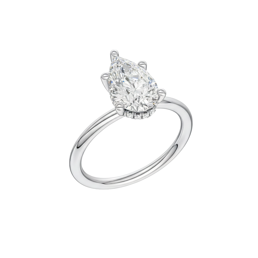 A three-quarter view of the Pear cut diamond engagement ring in 14k white gold with a plain band and solitaire setting