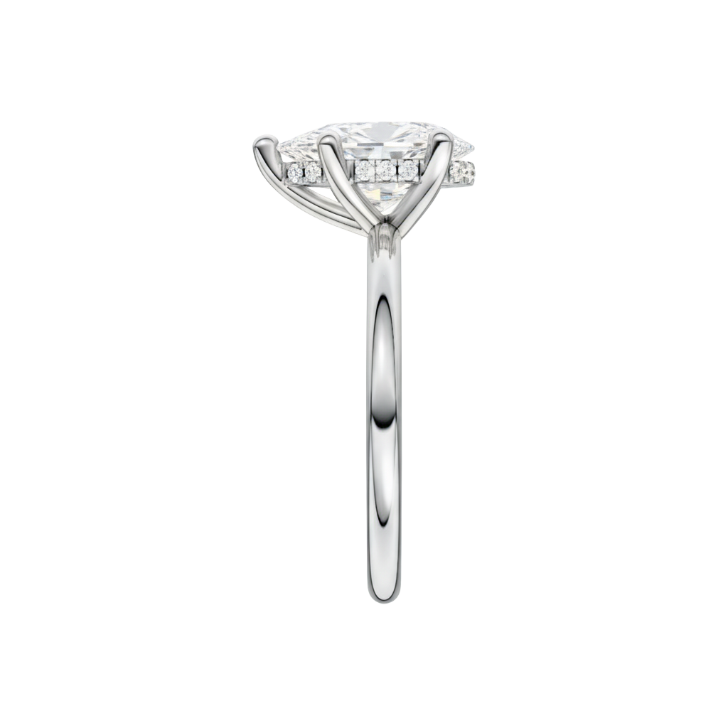 A side view of the Pear cut diamond engagement ring in platinum with a plain band and solitaire setting