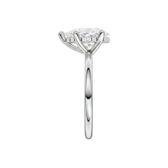 A side view of the Pear cut diamond engagement ring in 14k white gold with a plain band and solitaire setting