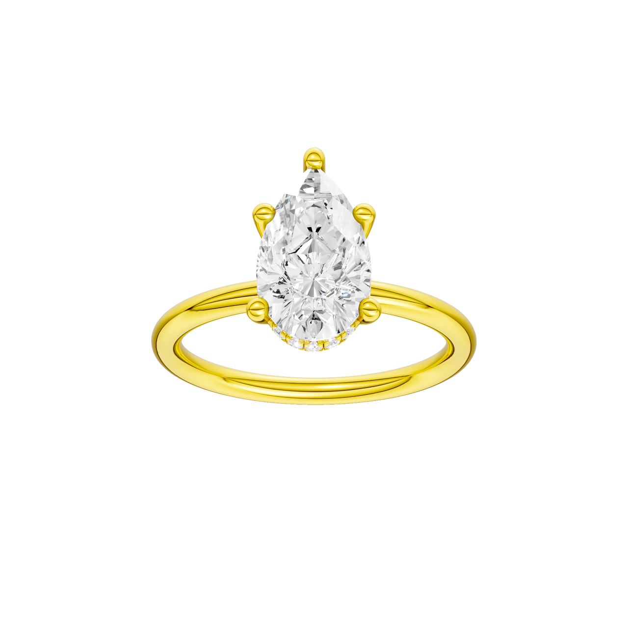A front view of the Pear cut diamond engagement ring in 14k yellow gold with a plain band and solitaire setting