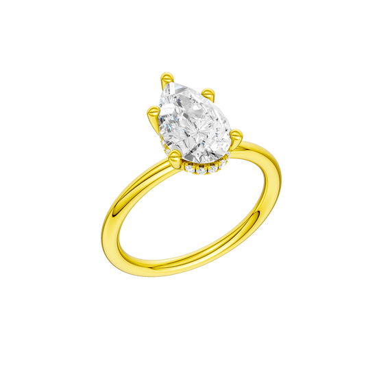 A three-quarter view of the Pear cut diamond engagement ring in 14k yellow gold with a plain band and solitaire setting