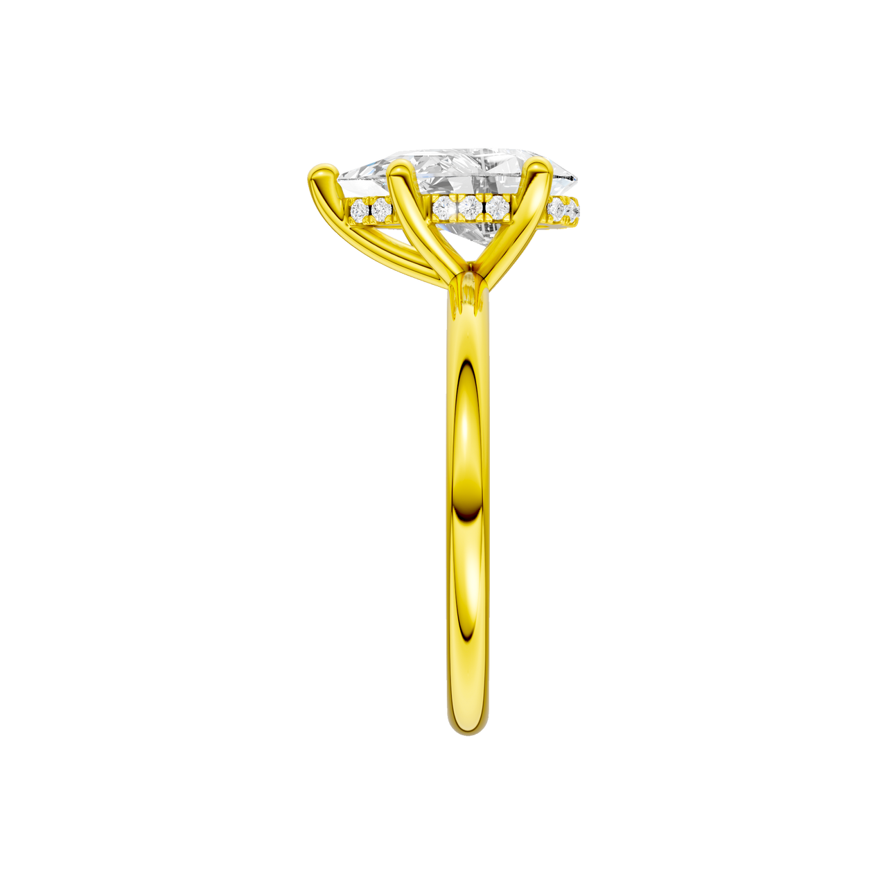 A side view of the Pear cut diamond engagement ring in 14k yellow gold with a plain band and solitaire setting