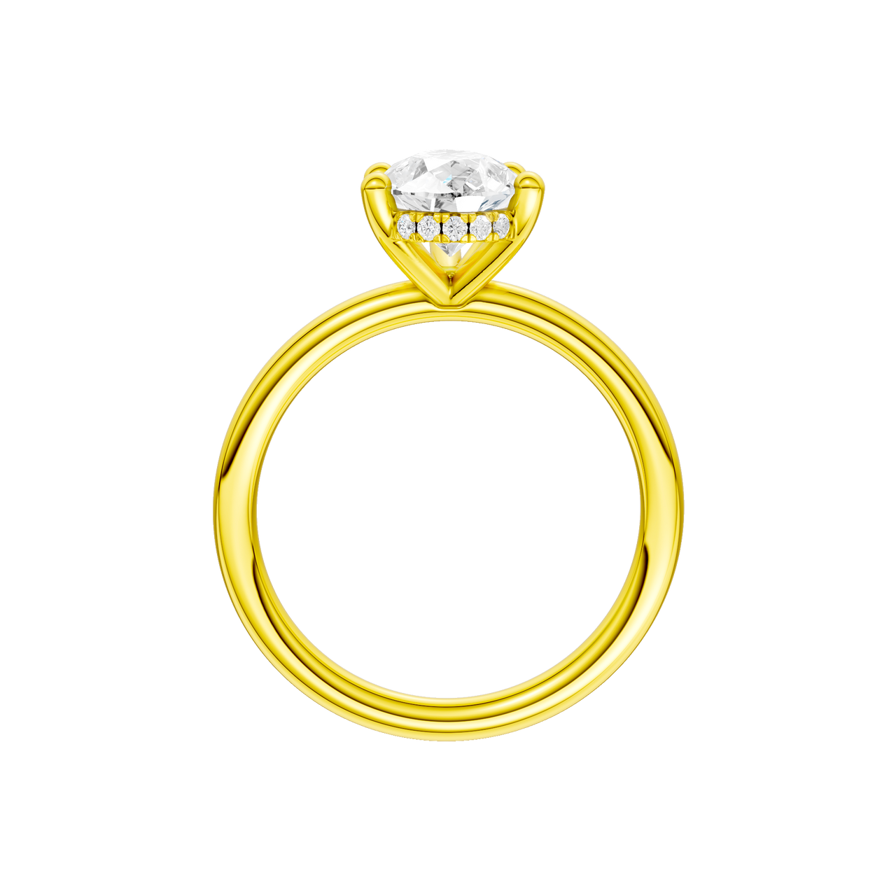 A profile view of the Pear cut diamond engagement ring in 14k yellow gold with a plain band and solitaire setting