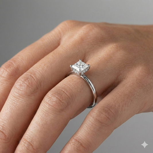 Princess cut diamond engagement ring in 14k white gold with a plain band and solitaire setting on a hand