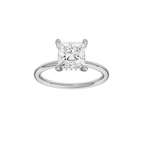 A front view of the Princess cut diamond engagement ring in 14k white gold with a plain band and solitaire setting