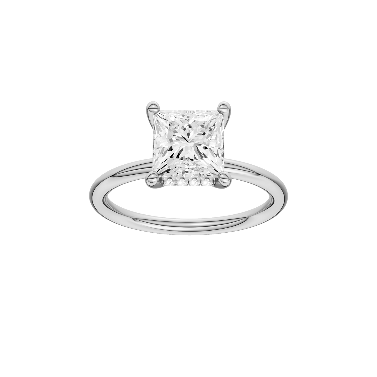 A front view of the Princess cut diamond engagement ring in platinum with a plain band and solitaire setting