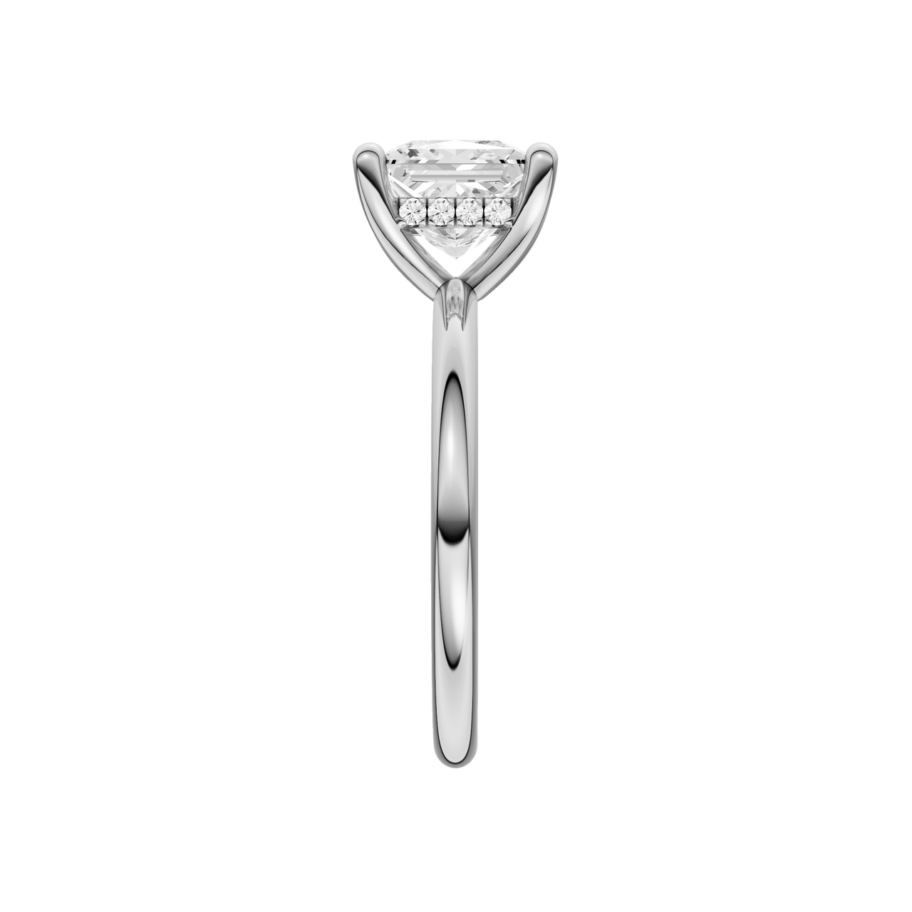A side view of the Princess cut diamond engagement ring in 14k white gold with a plain band and solitaire setting