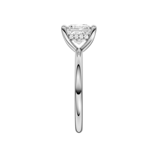 A side view of the Princess cut diamond engagement ring in platinum with a plain band and solitaire setting