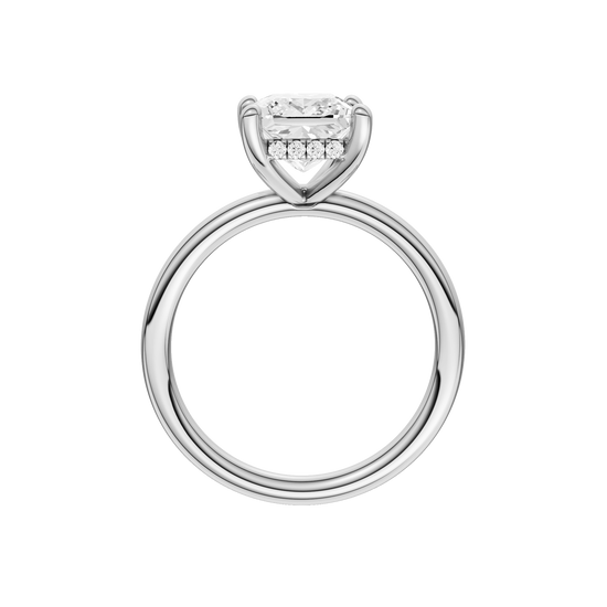 A profile view of the Princess cut diamond engagement ring in platinum with a plain band and solitaire setting