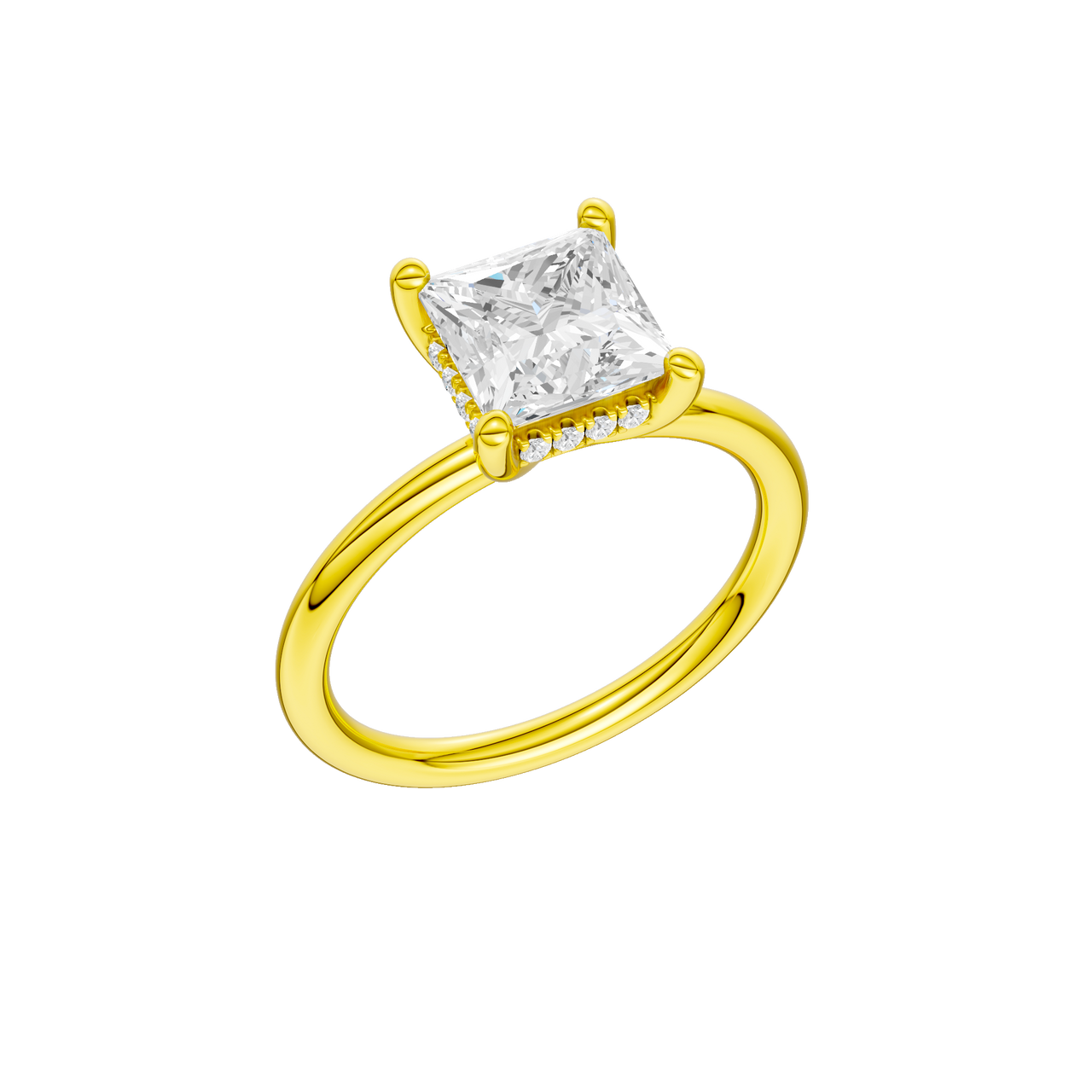 A three-quarter view of the Princess cut diamond engagement ring in 14k yellow gold with a plain band and solitaire setting