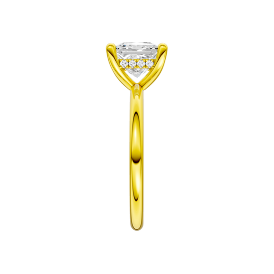 A side view of the Princess cut diamond engagement ring in 14k yellow gold with a plain band and solitaire setting