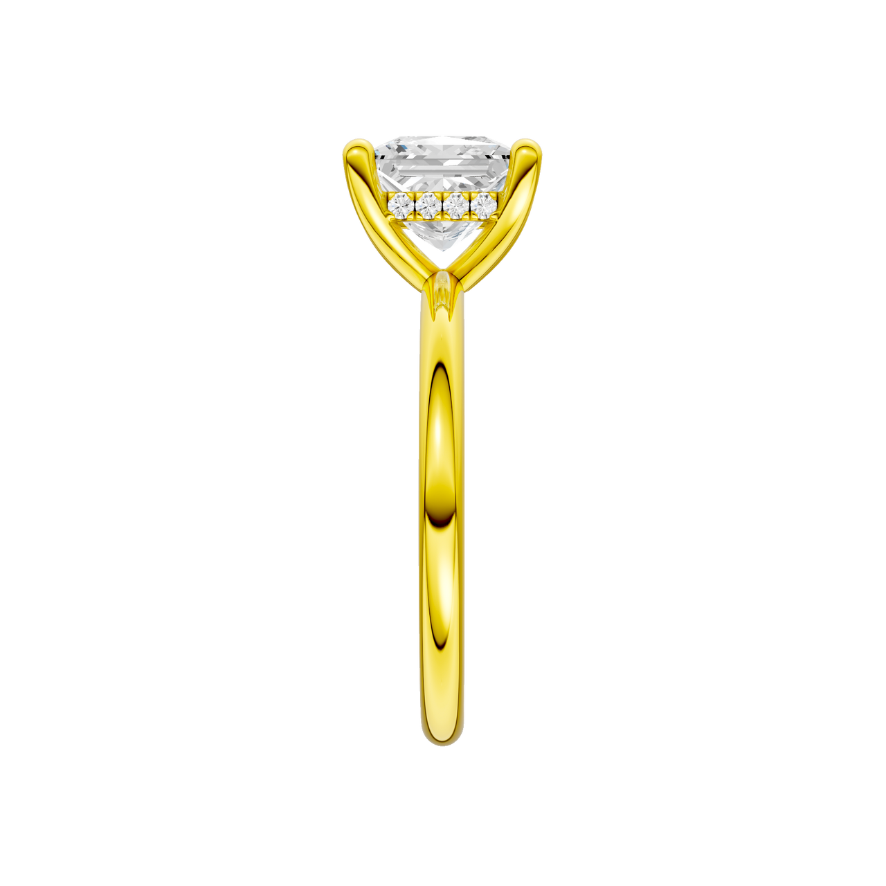 A side view of the Princess cut diamond engagement ring in 14k yellow gold with a plain band and solitaire setting
