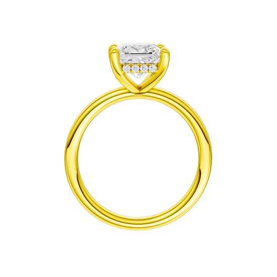A profile view of the Princess cut diamond engagement ring in 14k yellow gold with a plain band and solitaire setting