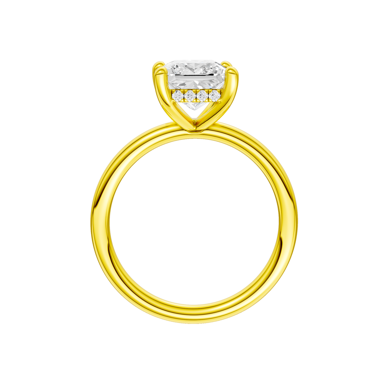 A profile view of the Princess cut diamond engagement ring in 14k yellow gold with a plain band and solitaire setting