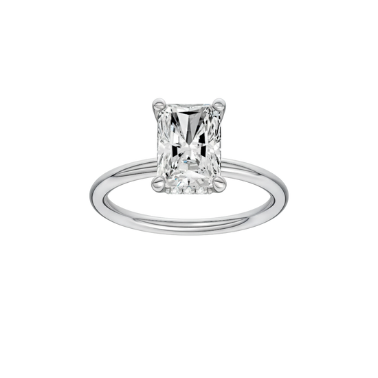 A front view of the Radiant cut diamond engagement ring in 14k white gold with a plain band and solitaire setting