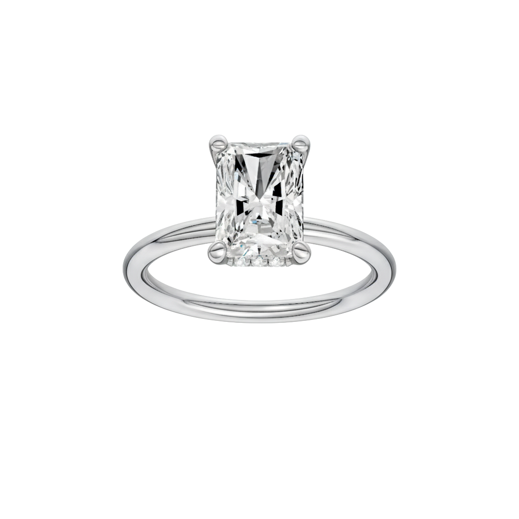 A front view of the Radiant cut diamond engagement ring in 14k white gold with a plain band and solitaire setting