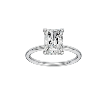 A front view of the Radiant cut diamond engagement ring in 14k white gold with a plain band and solitaire setting