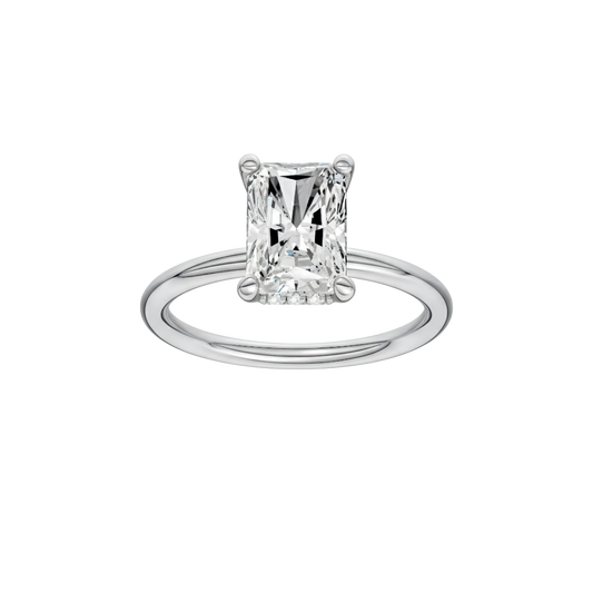 A front view of the Radiant cut diamond engagement ring in 14k white gold with a plain band and solitaire setting
