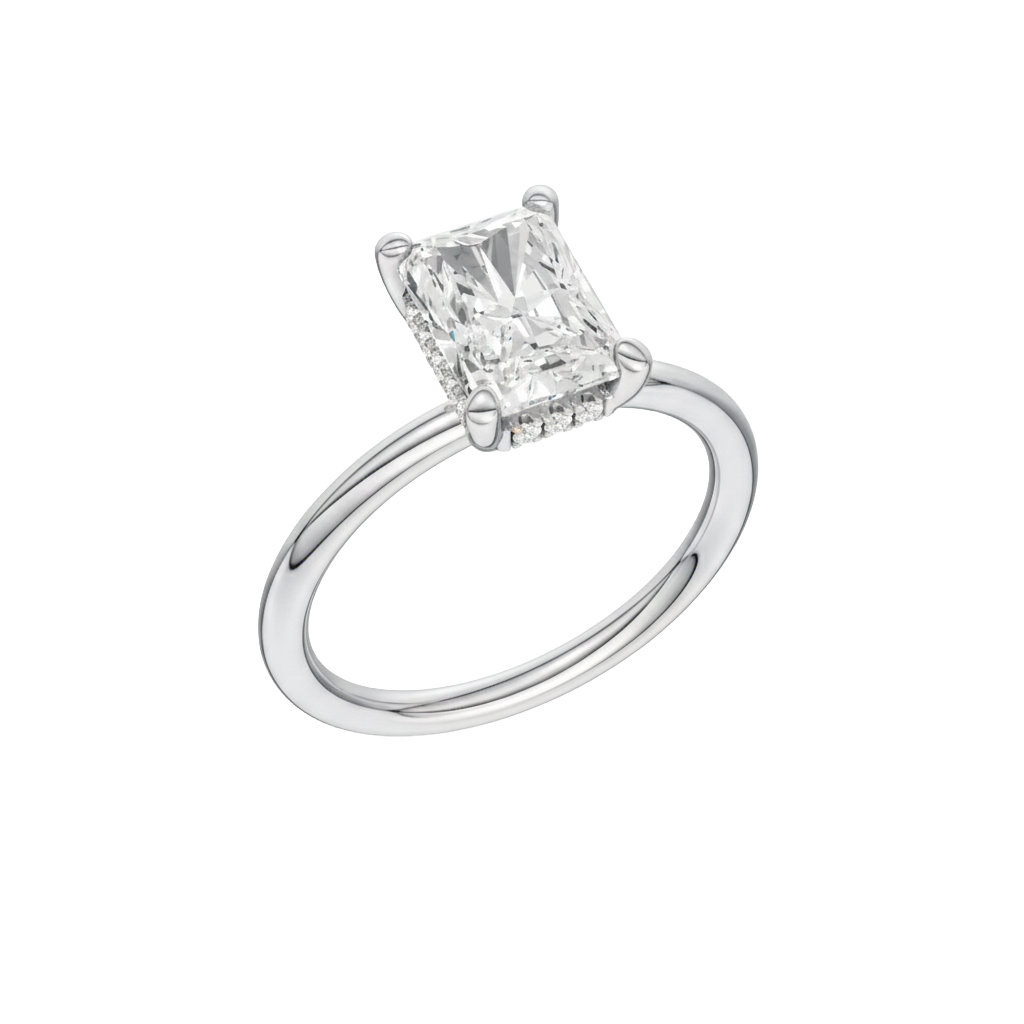 A three-quarter view of the Radiant cut diamond engagement ring in 14k white gold with a plain band and solitaire setting