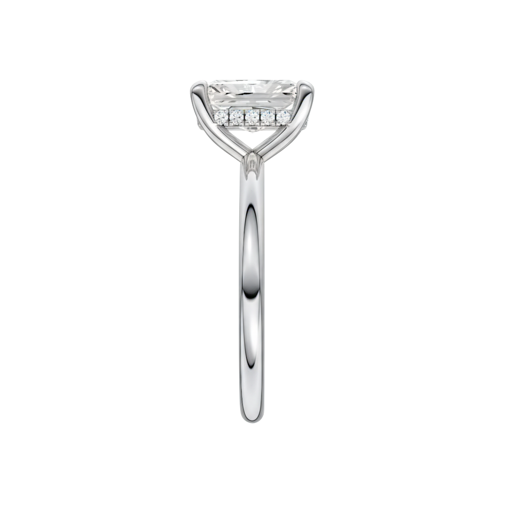 A side view of the Radiant cut diamond engagement ring in platinum with a plain band and solitaire setting