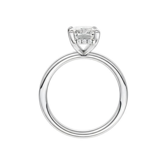 A profile view of the Radiant cut diamond engagement ring in 14k white gold with a plain band and solitaire setting