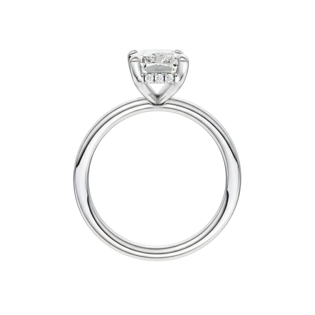 A profile view of the Radiant cut diamond engagement ring in 14k white gold with a plain band and solitaire setting