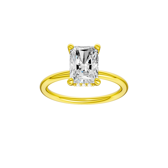 A front view of the Radiant cut diamond engagement ring in 14k yellow gold with a plain band and solitaire setting