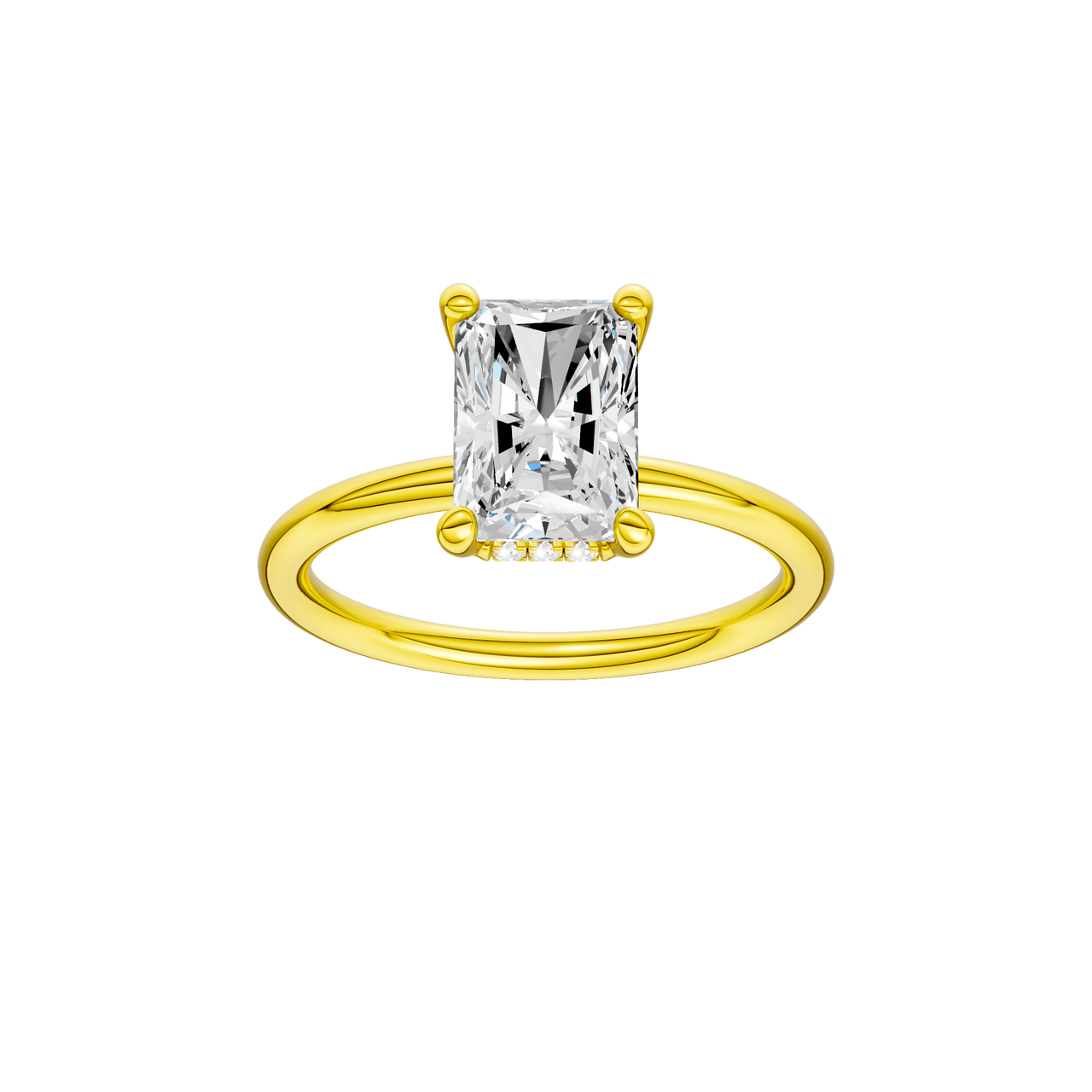 A front view of the Radiant cut diamond engagement ring in 14k yellow gold with a plain band and solitaire setting
