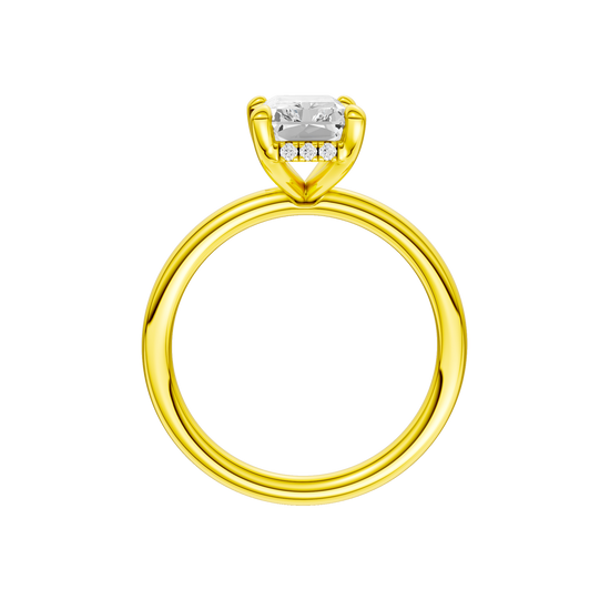 A profile view of the Radiant cut diamond engagement ring in 14k yellow gold with a plain band and solitaire setting