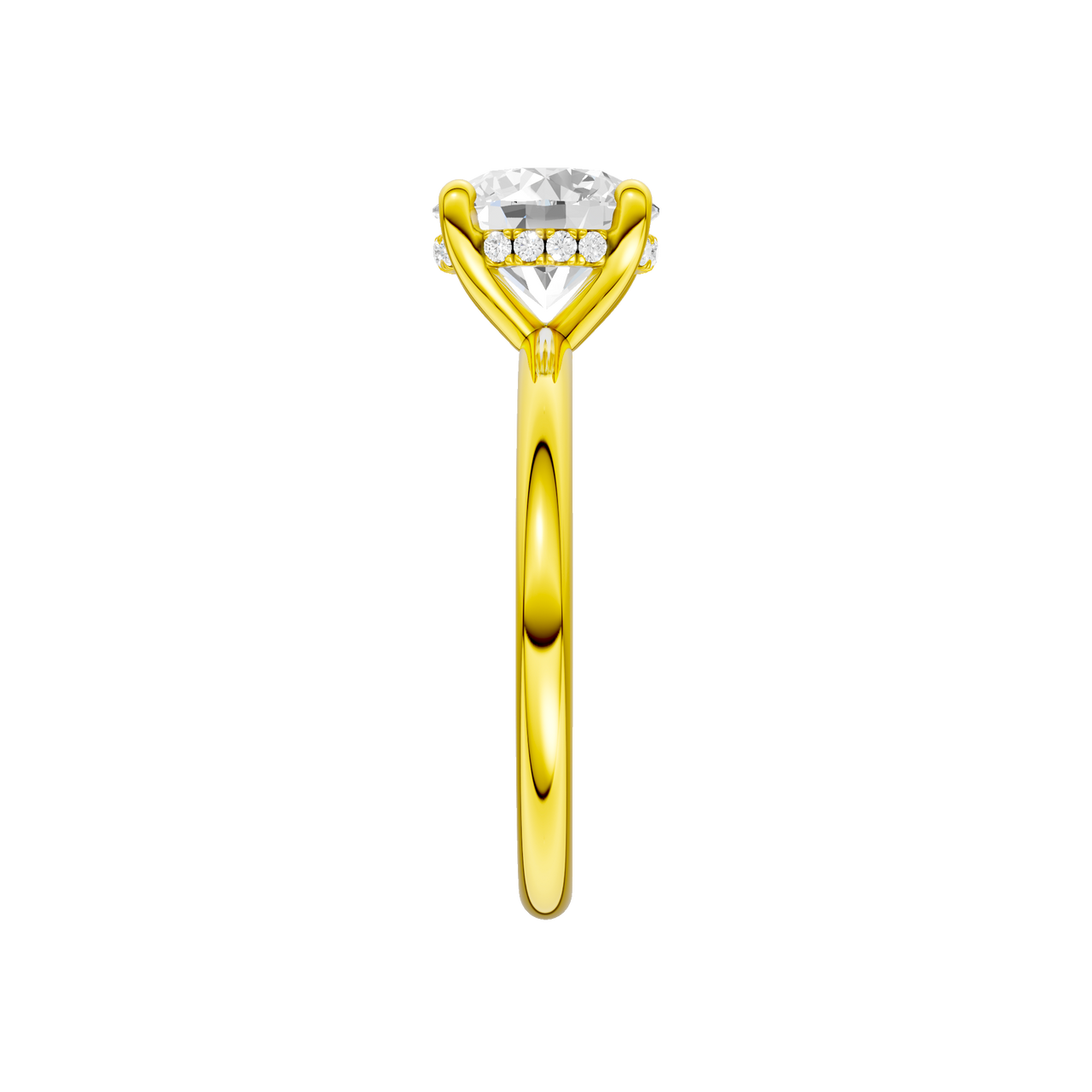 A side view of the Round cut diamond engagement ring in 14k yellow gold with a plain band and solitaire setting