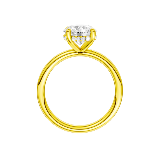 A profile view of the Round cut diamond engagement ring in 14k yellow gold with a plain band and solitaire setting