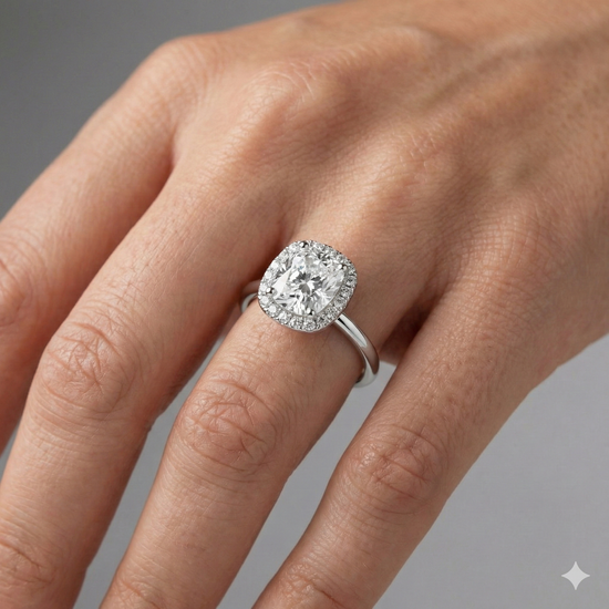 Elongated cushion cut diamond engagement ring in 14k white gold with a plain band and solitaire setting on a hand