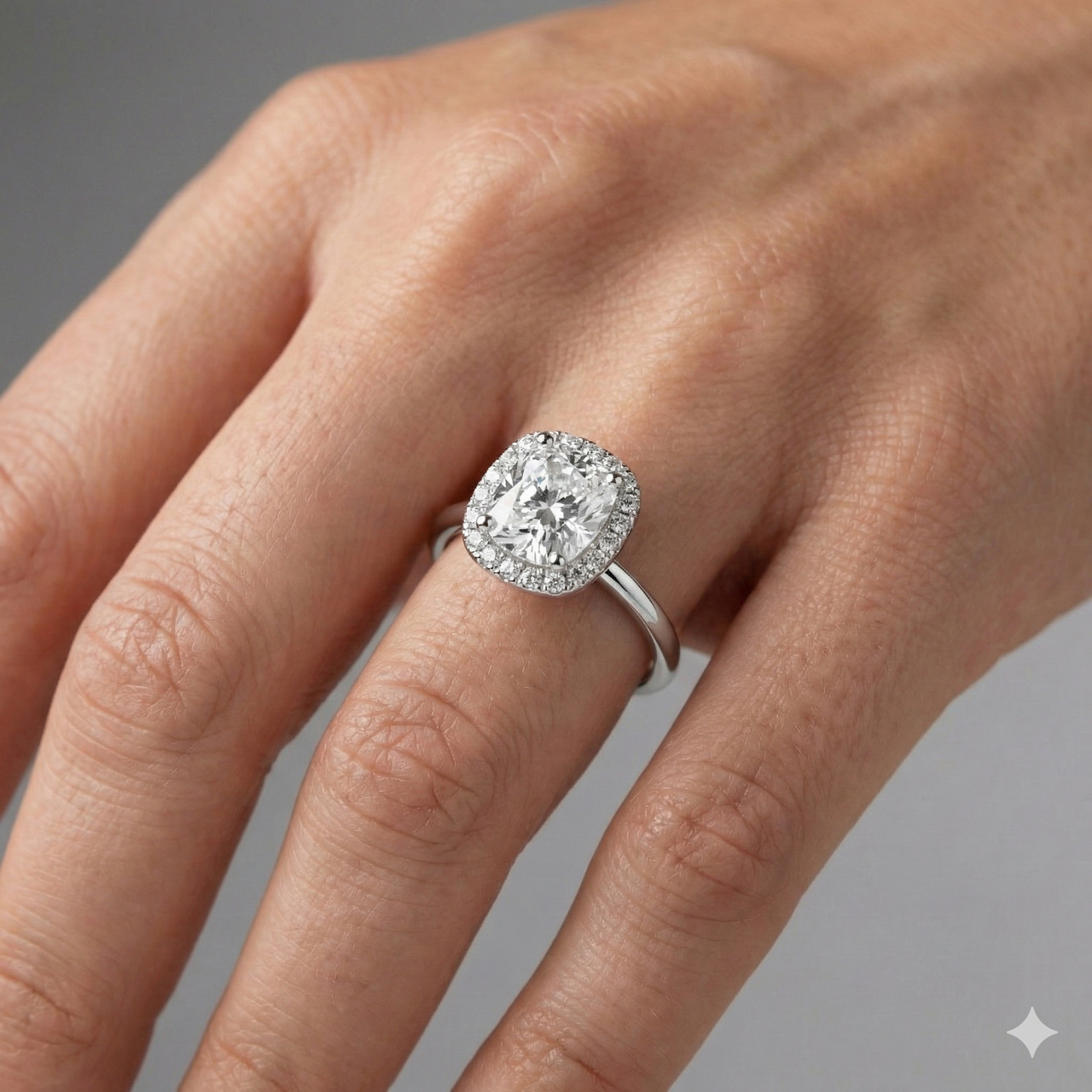 Elongated cushion cut diamond engagement ring in 14k white gold with a plain band and solitaire setting on a hand