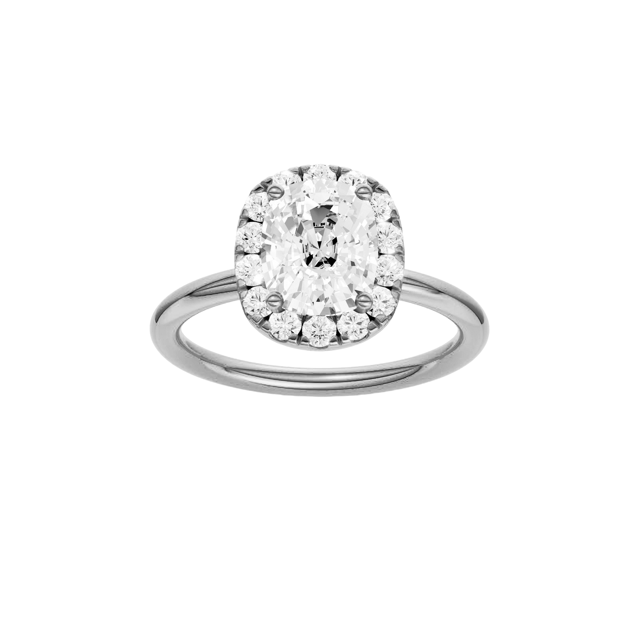 A front view of the elongated cushion cut diamond engagement ring in 14k white gold with a plain band and solitaire setting
