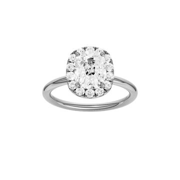 A front view of the elongated cushion cut diamond engagement ring in 14k white gold with a plain band and solitaire setting