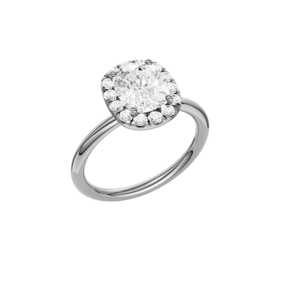 A three-quarter view of the elongated cushion cut diamond engagement ring in 14k white gold with a plain band and solitaire setting