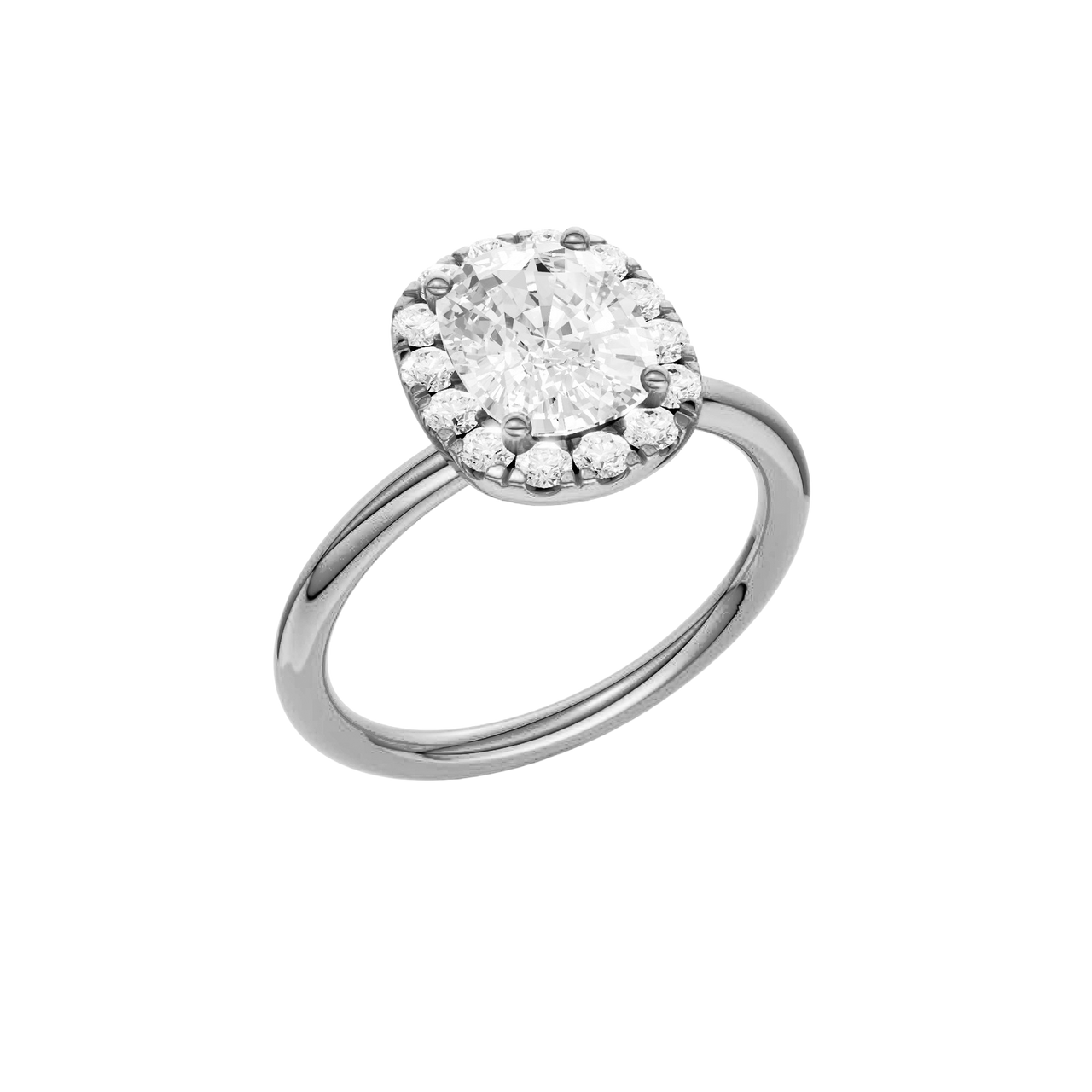 A three-quarter view of the elongated cushion cut diamond engagement ring in 14k white gold with a plain band and solitaire setting