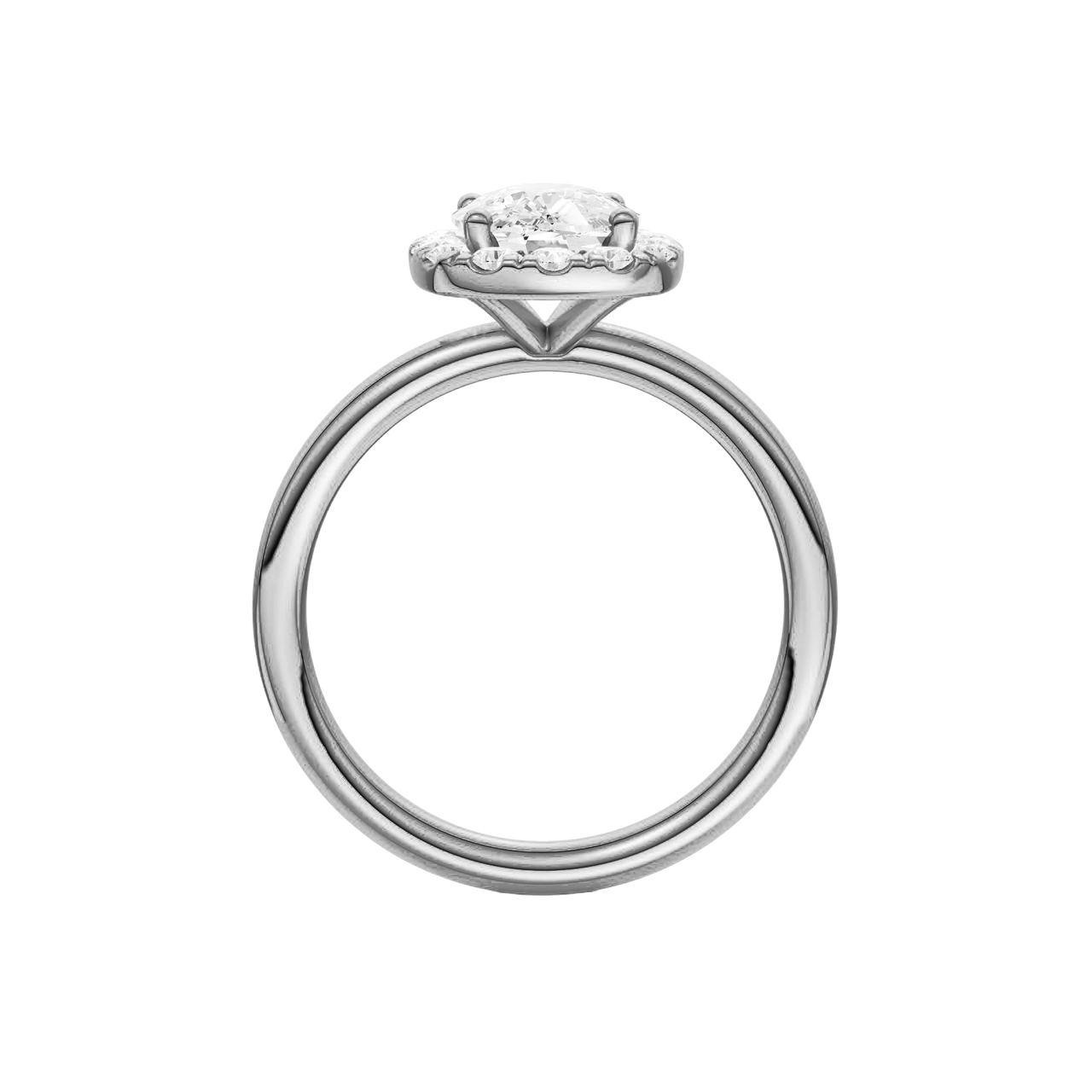 A profile view of the elongated cushion cut diamond engagement ring in 14k white gold with a plain band and solitaire setting