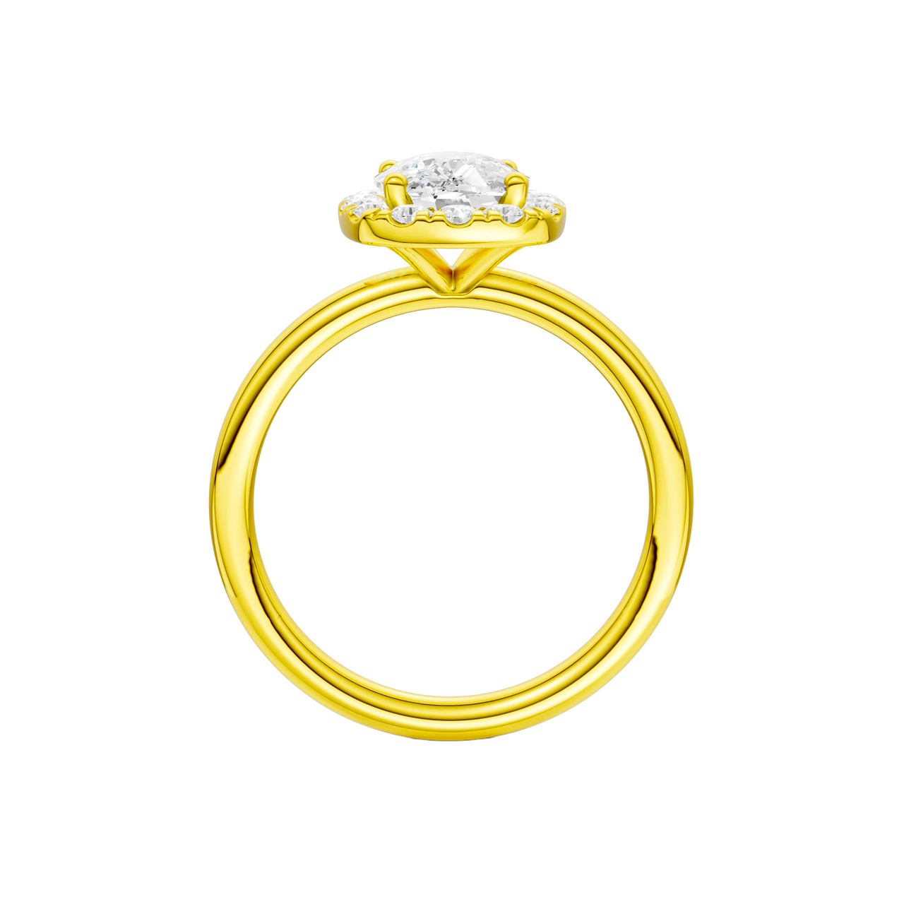 A profile view of the elongated cushion cut diamond engagement ring in 14k yellow gold with a plain band and solitaire setting