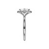 A side on view of the elongated cushion cut diamond engagement ring in platinum with a plain band and solitaire setting