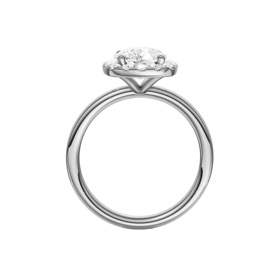 A profile view of the elongated cushion cut diamond engagement ring in platinum with a plain band and solitaire setting
