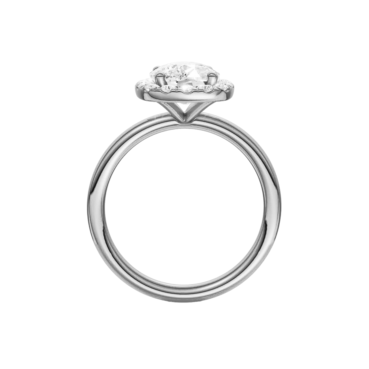 A profile view of the elongated cushion cut diamond engagement ring in platinum with a plain band and solitaire setting