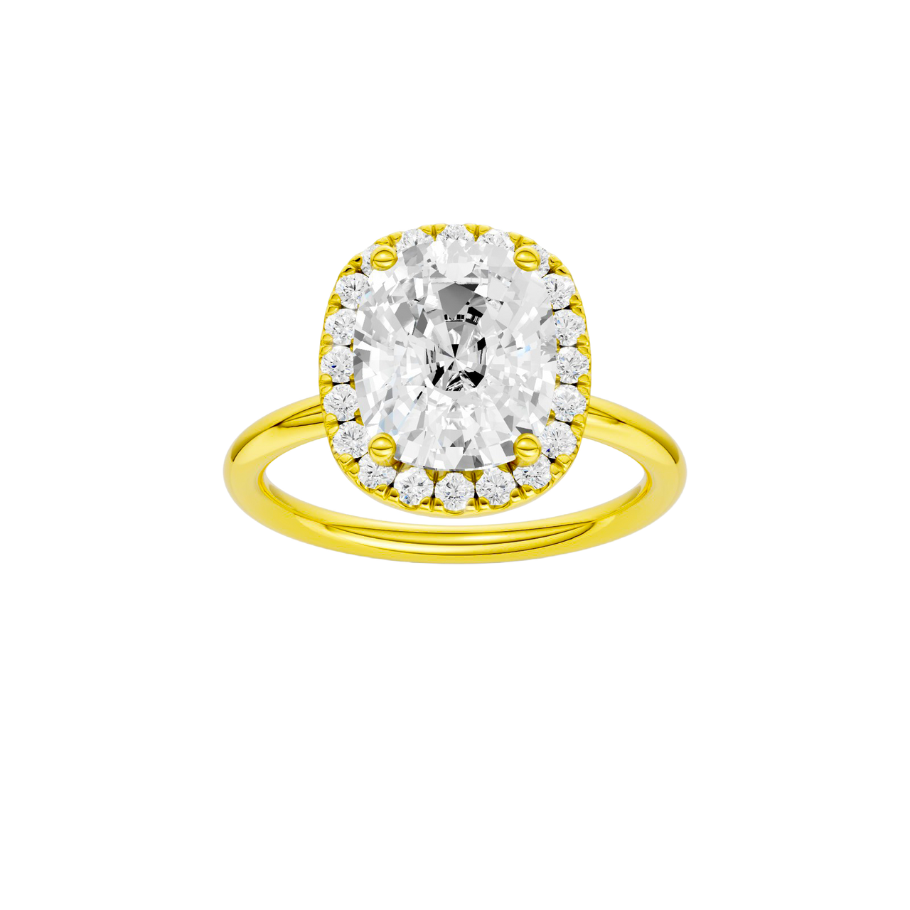 A front view of the elongated cushion cut diamond engagement ring in 14k yellow gold with a plain band and solitaire setting