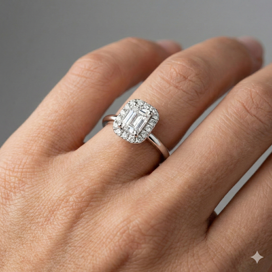 Emerald cut diamond engagement ring in 14k white gold with a plain band and solitaire setting on a hand