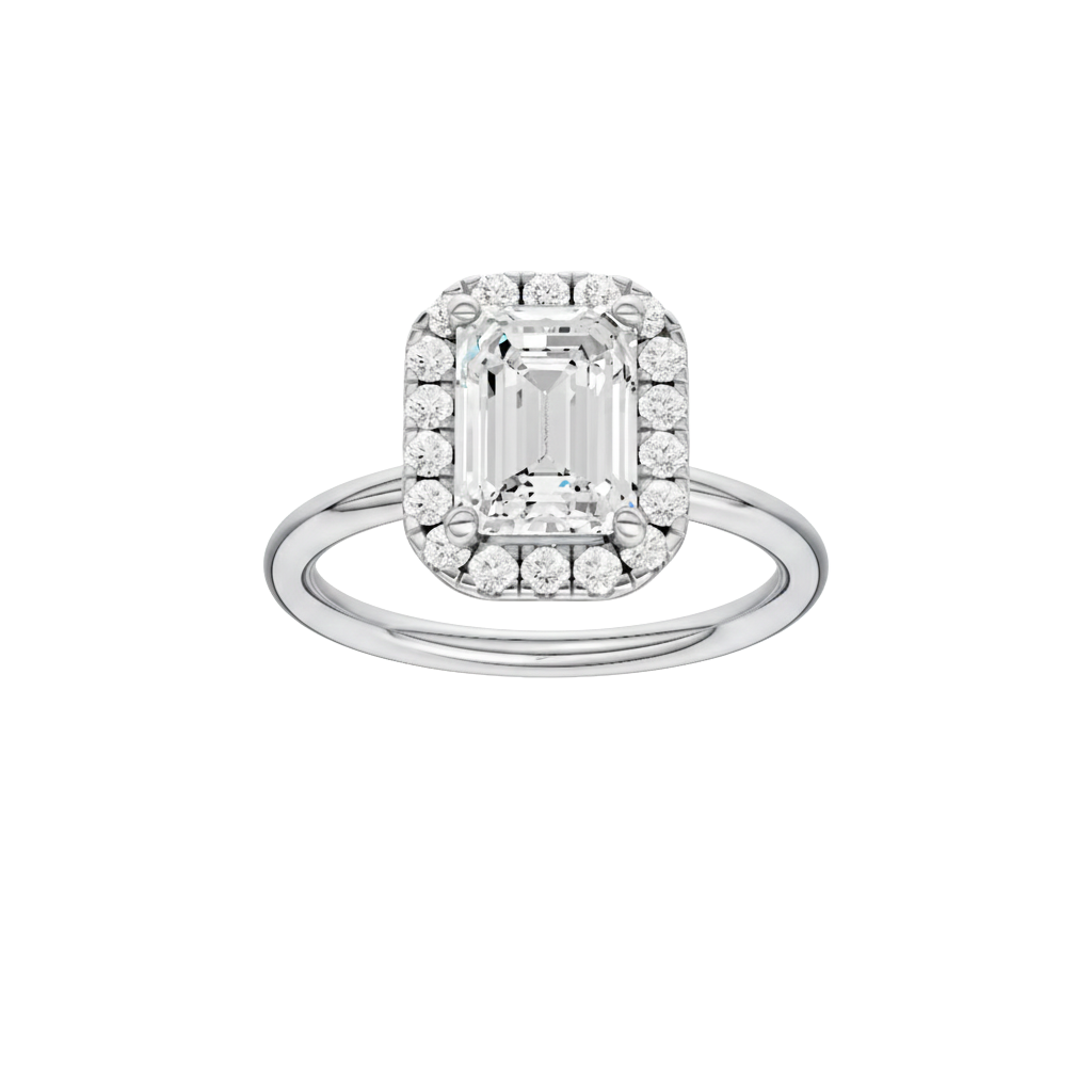 A front view of the Emerald cut diamond engagement ring in 14k white gold with a plain band and solitaire setting