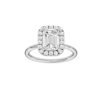 A front view of the Emerald cut diamond engagement ring in 14k white gold with a plain band and solitaire setting