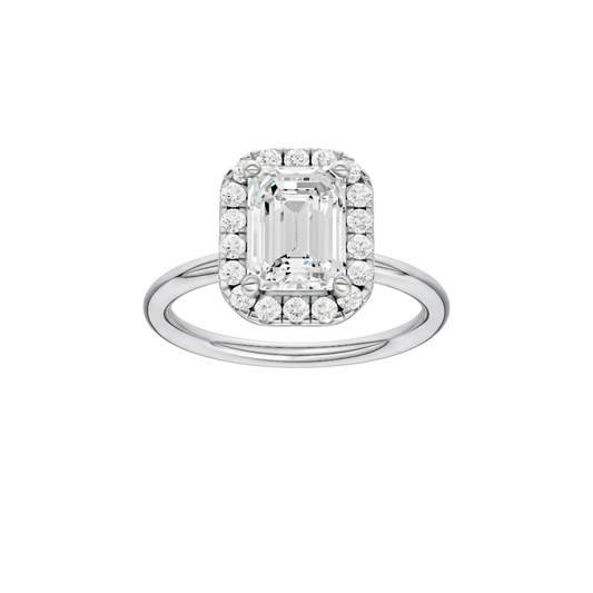 A front view of the Emerald cut diamond engagement ring in 14k white gold with a plain band and solitaire setting