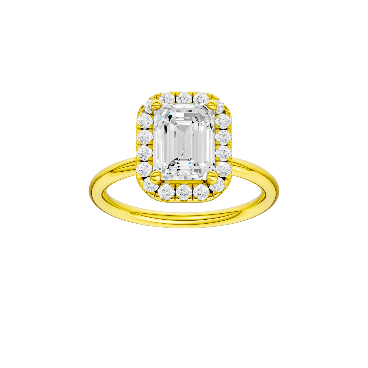 A front view of the Emerald cut diamond engagement ring in 14k yellow gold with a plain band and solitaire setting